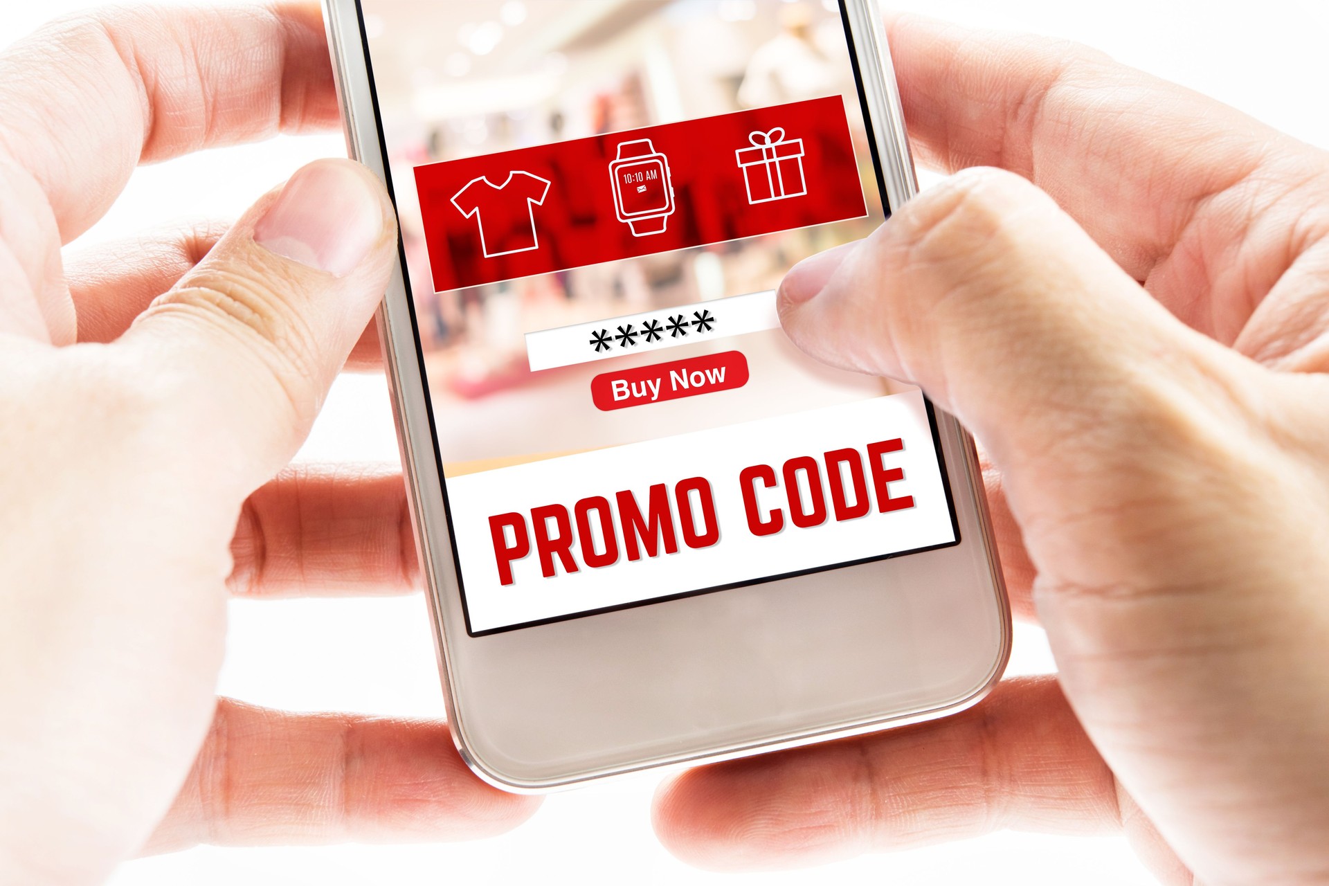 Close up Two hand holding mobile phone with Promo code